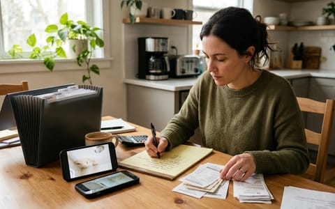 Homeowner organizing documents and receipts for an insurance claim at a kitchen table