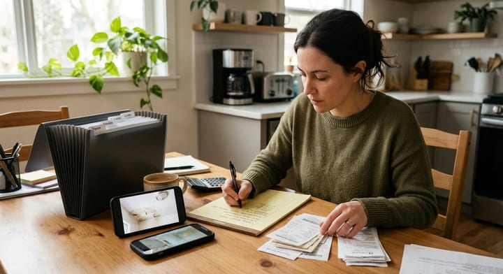 Homeowner organizing documents and receipts for an insurance claim at a kitchen table