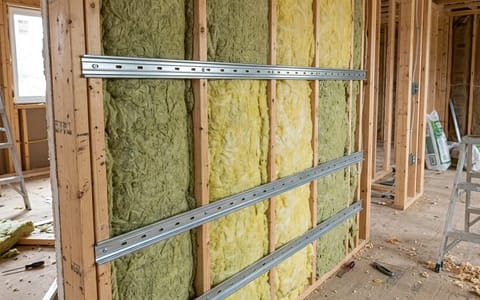 Cross-section of a wall showing acoustic insulation and metal resilient channels.