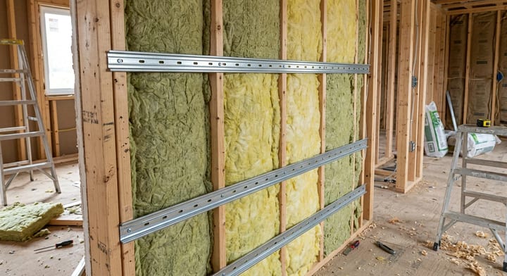 Cross-section of a wall showing acoustic insulation and metal resilient channels.