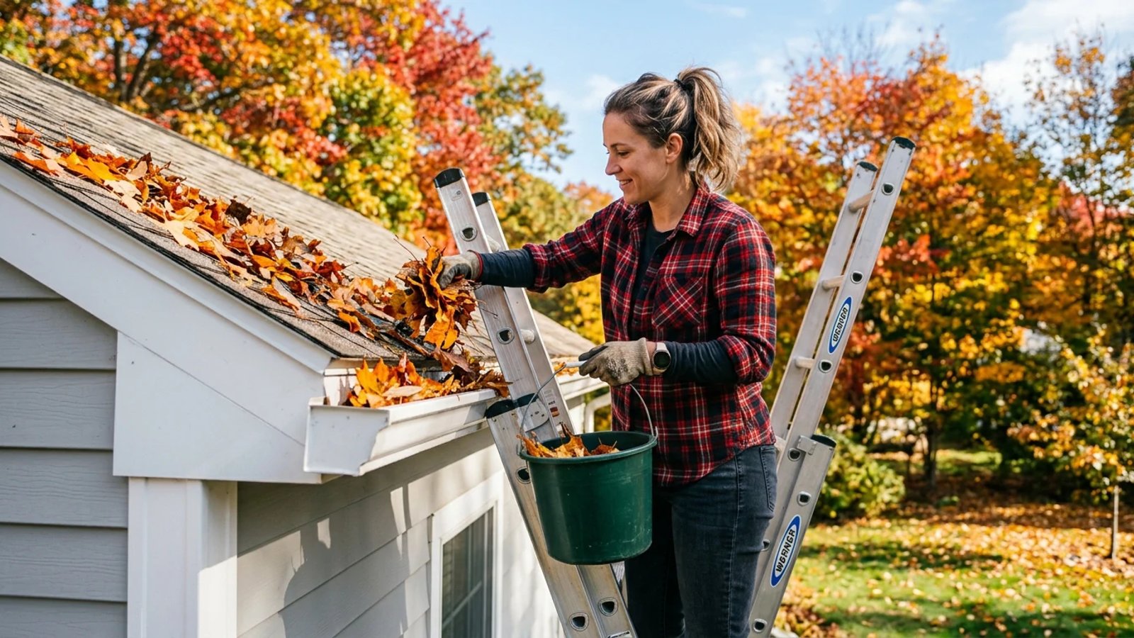 Homeowner cleaning autumn leaves out of a roof gutter