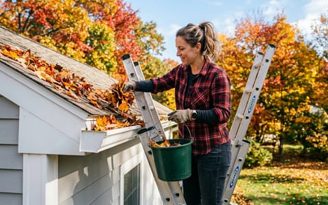 Homeowner cleaning autumn leaves out of a roof gutter