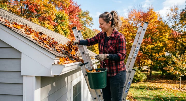 Homeowner cleaning autumn leaves out of a roof gutter