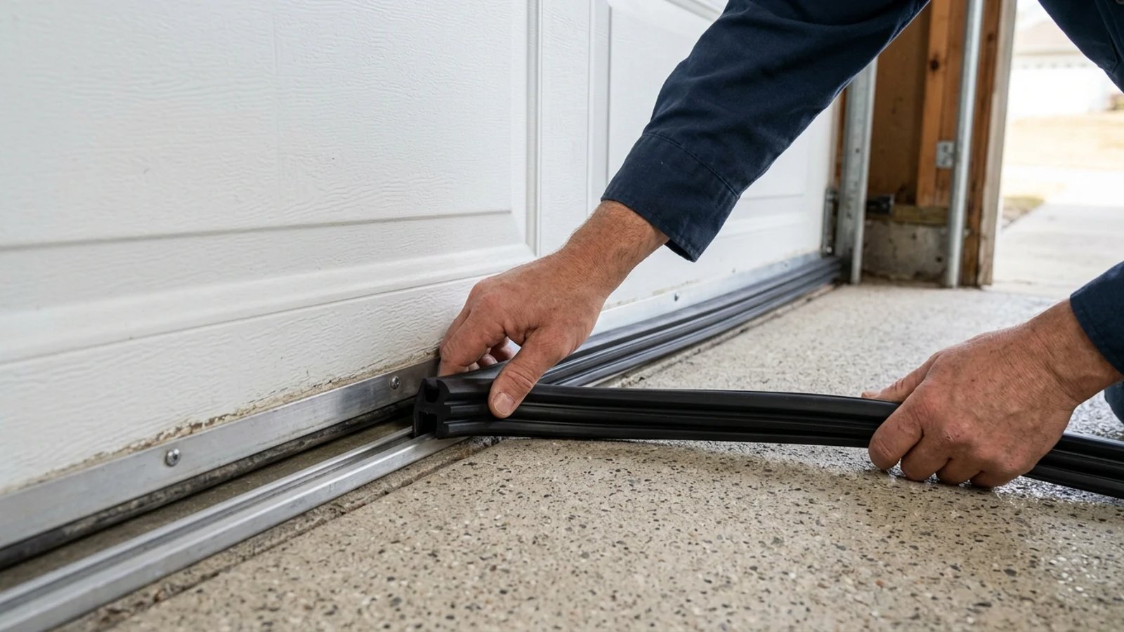 Homeowner installing a new rubber bottom seal on a garage door