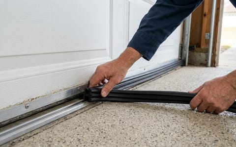 Homeowner installing a new rubber bottom seal on a garage door