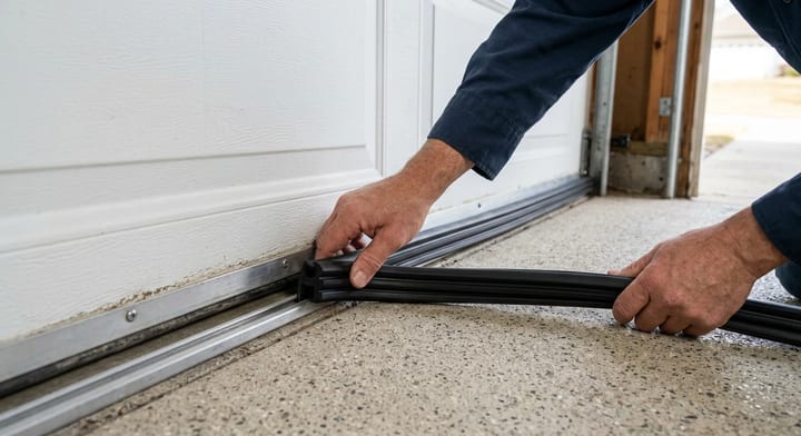 Homeowner installing a new rubber bottom seal on a garage door