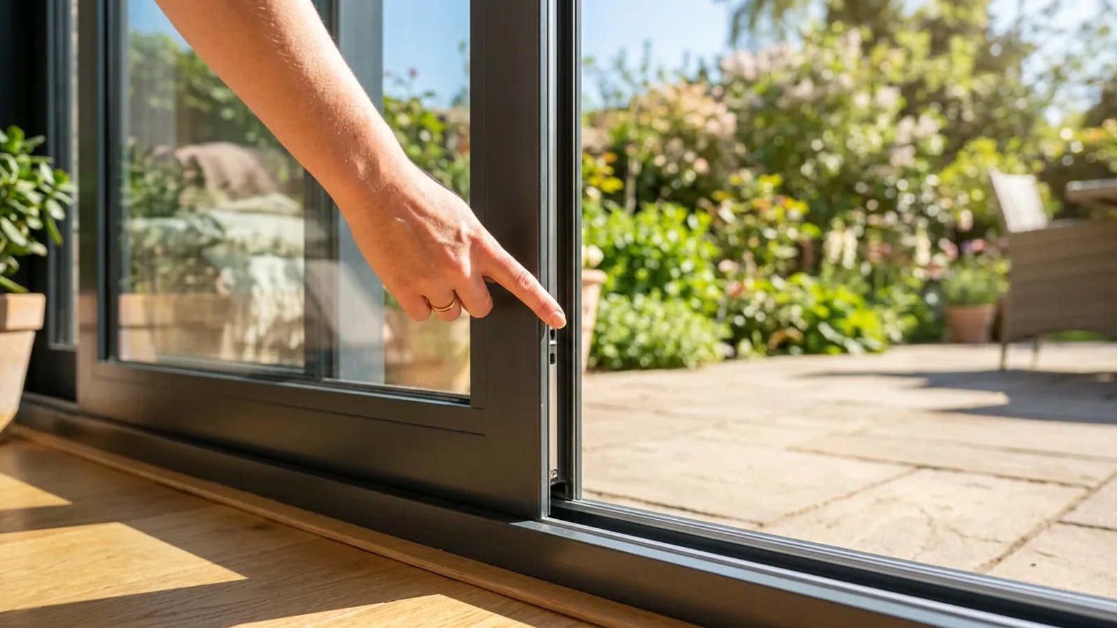 A hand easily opening a sliding glass patio door on a clean track.
