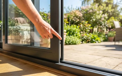 A hand easily opening a sliding glass patio door on a clean track.