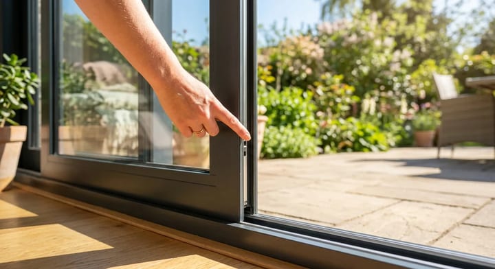 A hand easily opening a sliding glass patio door on a clean track.