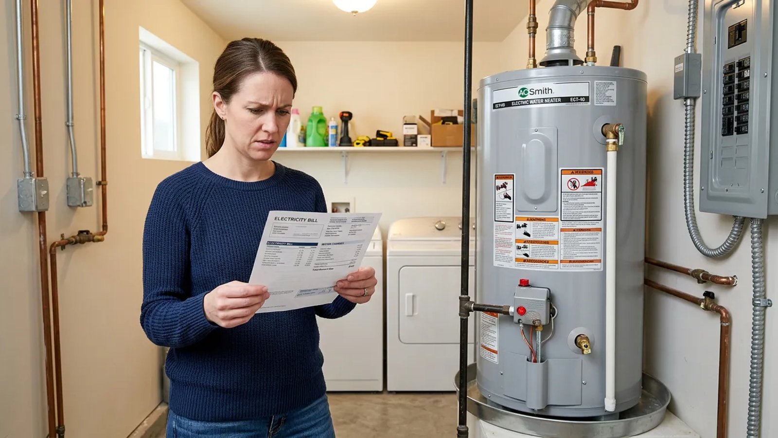 Frustrated homeowner holding an electric bill next to an electric water heater