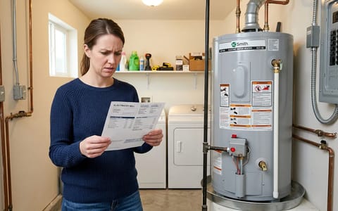 Frustrated homeowner holding an electric bill next to an electric water heater