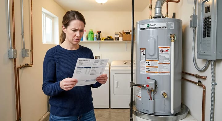Frustrated homeowner holding an electric bill next to an electric water heater