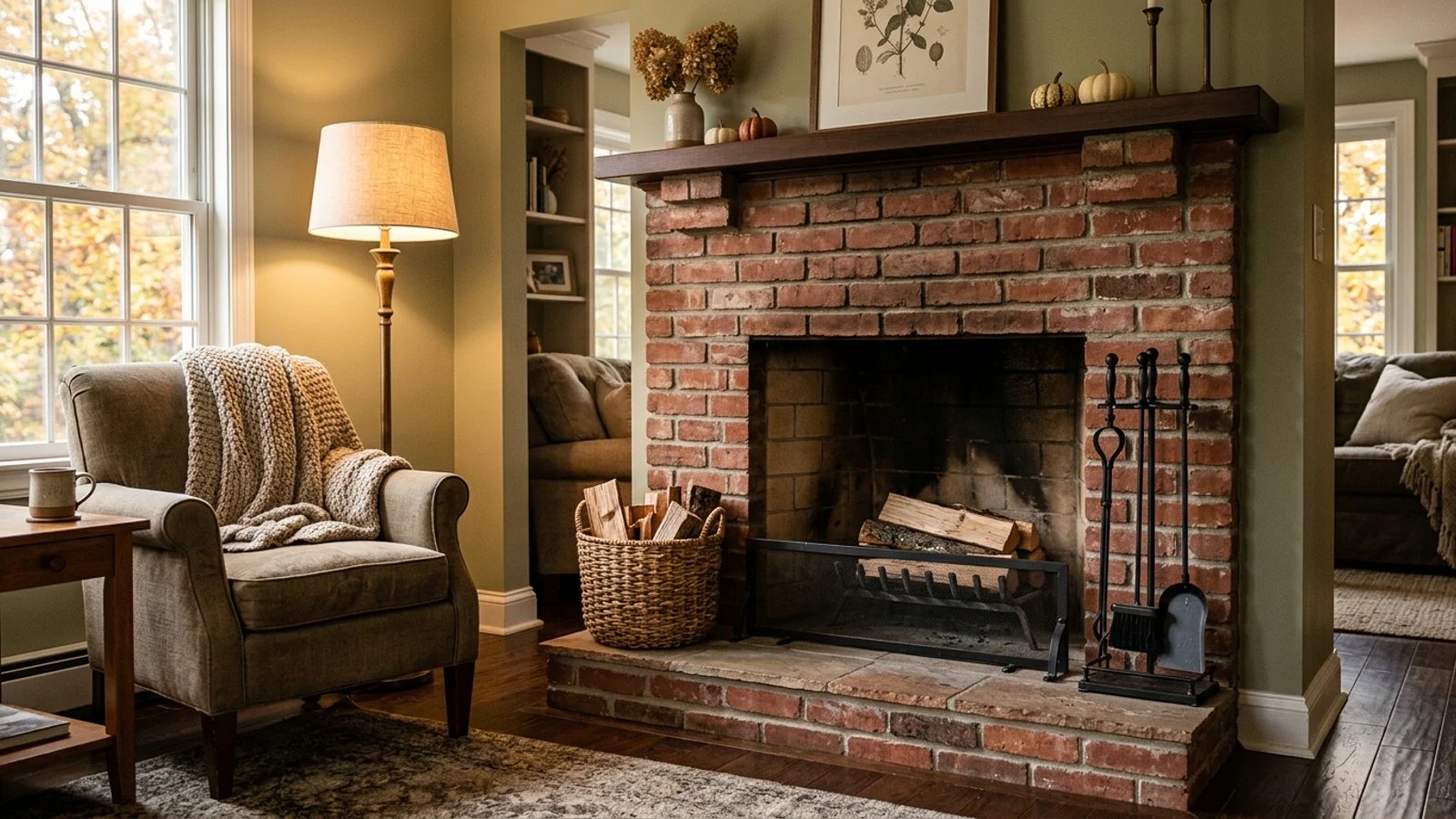 A clean brick fireplace in a cozy living room ready for winter.