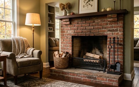 A clean brick fireplace in a cozy living room ready for winter.