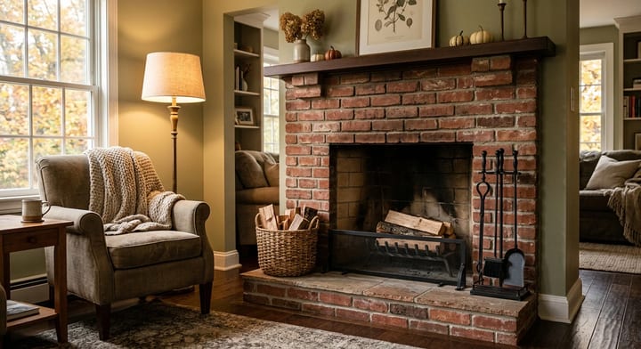 A clean brick fireplace in a cozy living room ready for winter.