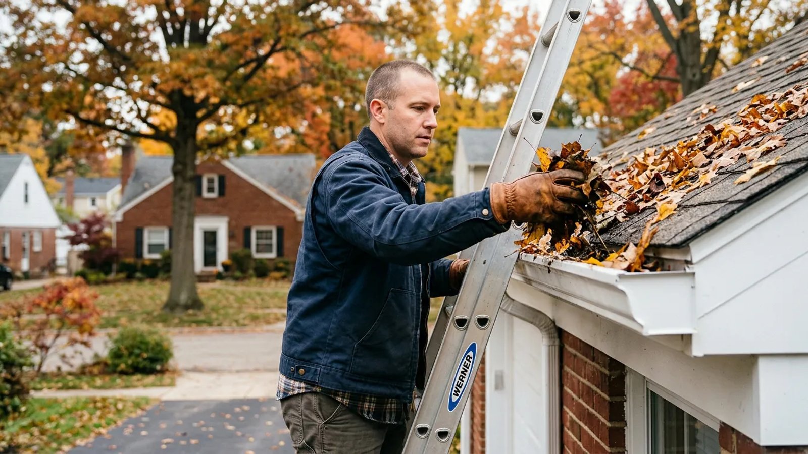 Homeowner on a ladder cleaning leaves out of a white gutter