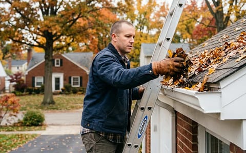 Homeowner on a ladder cleaning leaves out of a white gutter