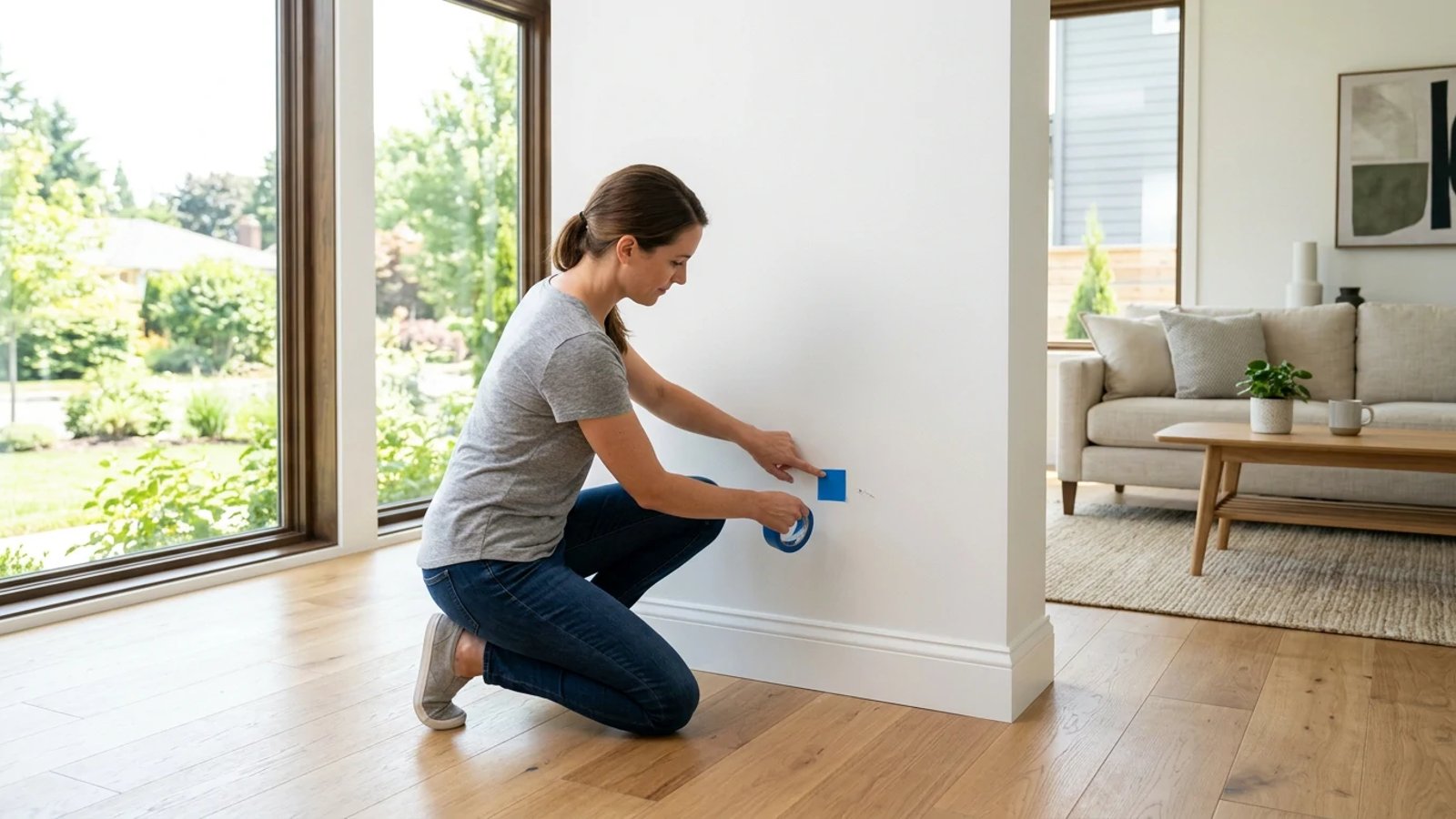 Homeowner marking a drywall crack with blue painter's tape for a warranty inspection.