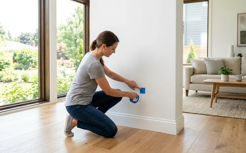 Homeowner marking a drywall crack with blue painter's tape for a warranty inspection.
