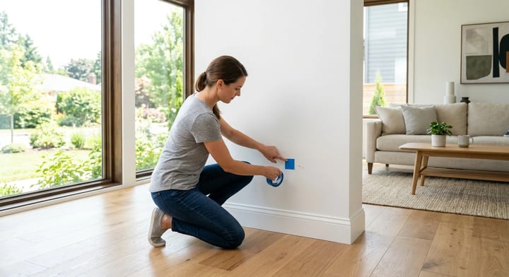 Homeowner marking a drywall crack with blue painter's tape for a warranty inspection.