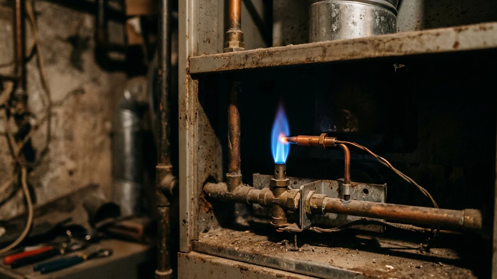 A glowing blue furnace pilot light flame heating a copper thermocouple inside a gas furnace.