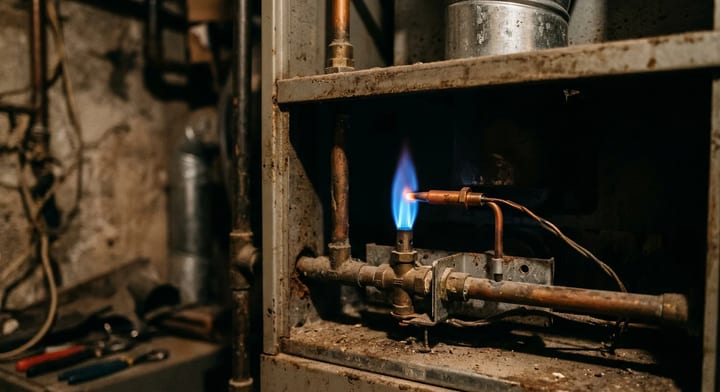 A glowing blue furnace pilot light flame heating a copper thermocouple inside a gas furnace.