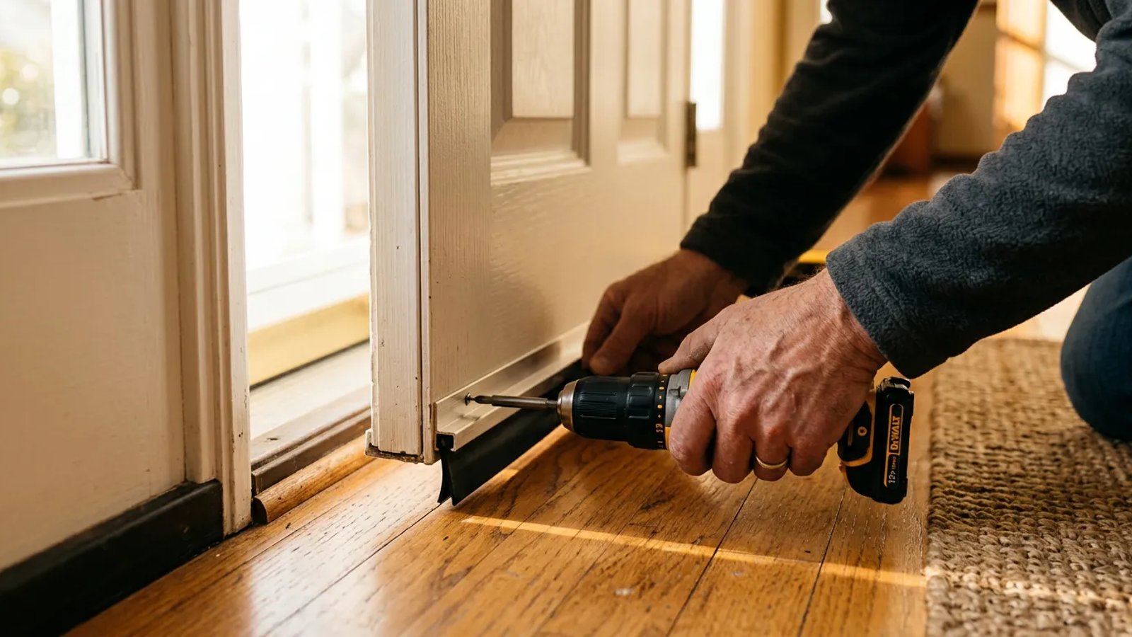 Installing a new door sweep on a front door to block drafts
