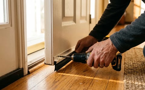 Installing a new door sweep on a front door to block drafts