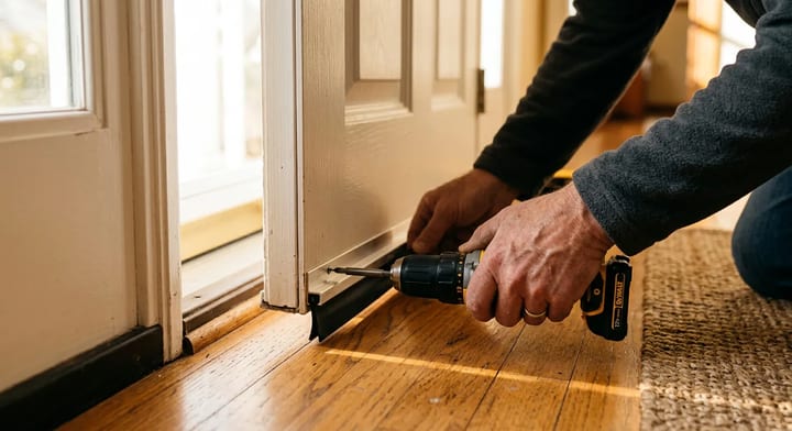 Installing a new door sweep on a front door to block drafts