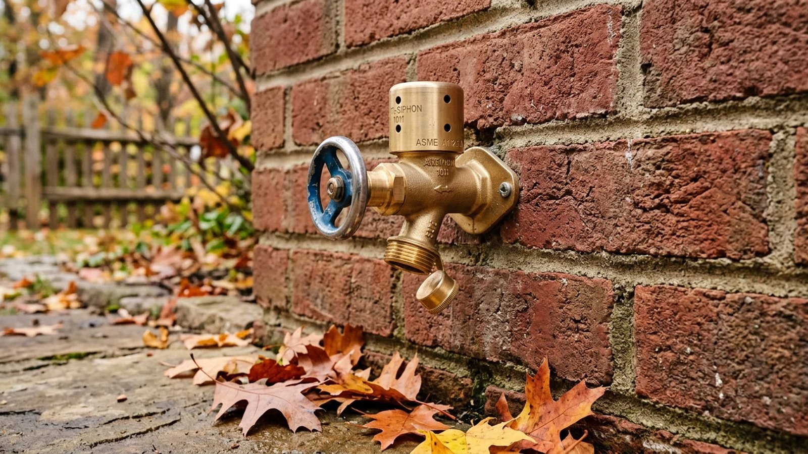 A brass frost-free hose bib mounted on a brick exterior wall.