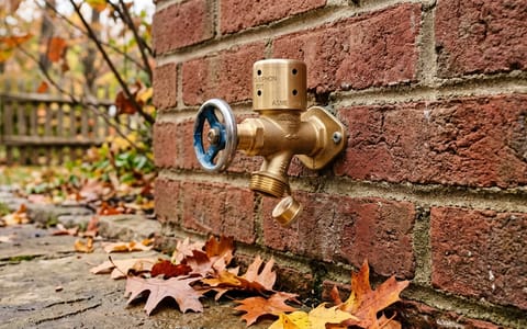 A brass frost-free hose bib mounted on a brick exterior wall.
