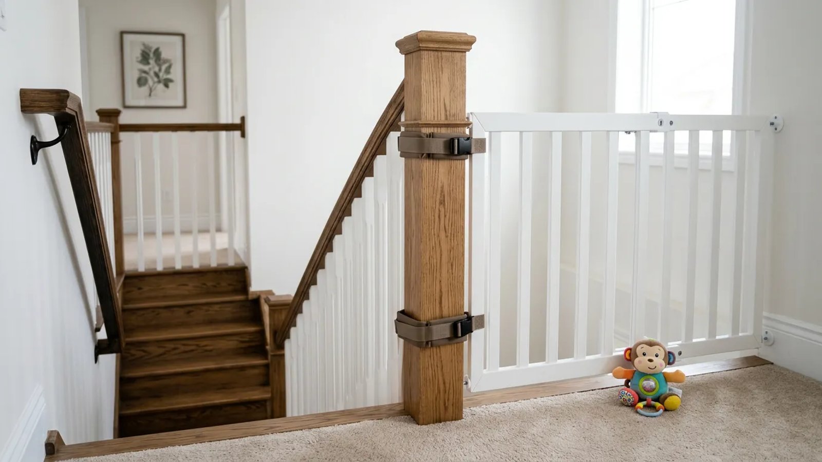 A securely mounted baby gate at the top of a staircase attached to a wooden post using a drill-free adapter kit.