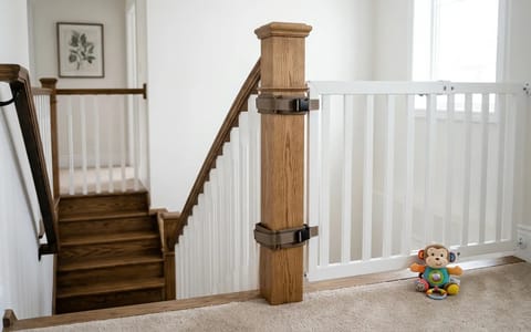 A securely mounted baby gate at the top of a staircase attached to a wooden post using a drill-free adapter kit.