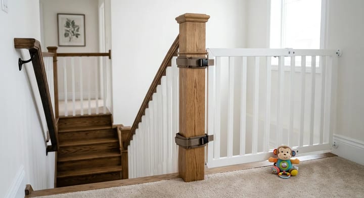A securely mounted baby gate at the top of a staircase attached to a wooden post using a drill-free adapter kit.