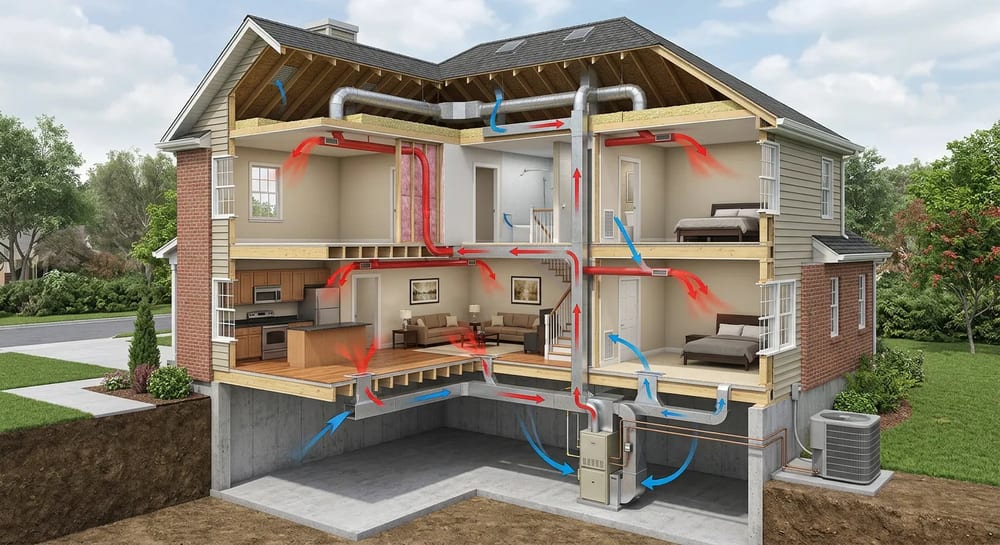 A split-system HVAC setup relies on a continuous loop of supply and return air.