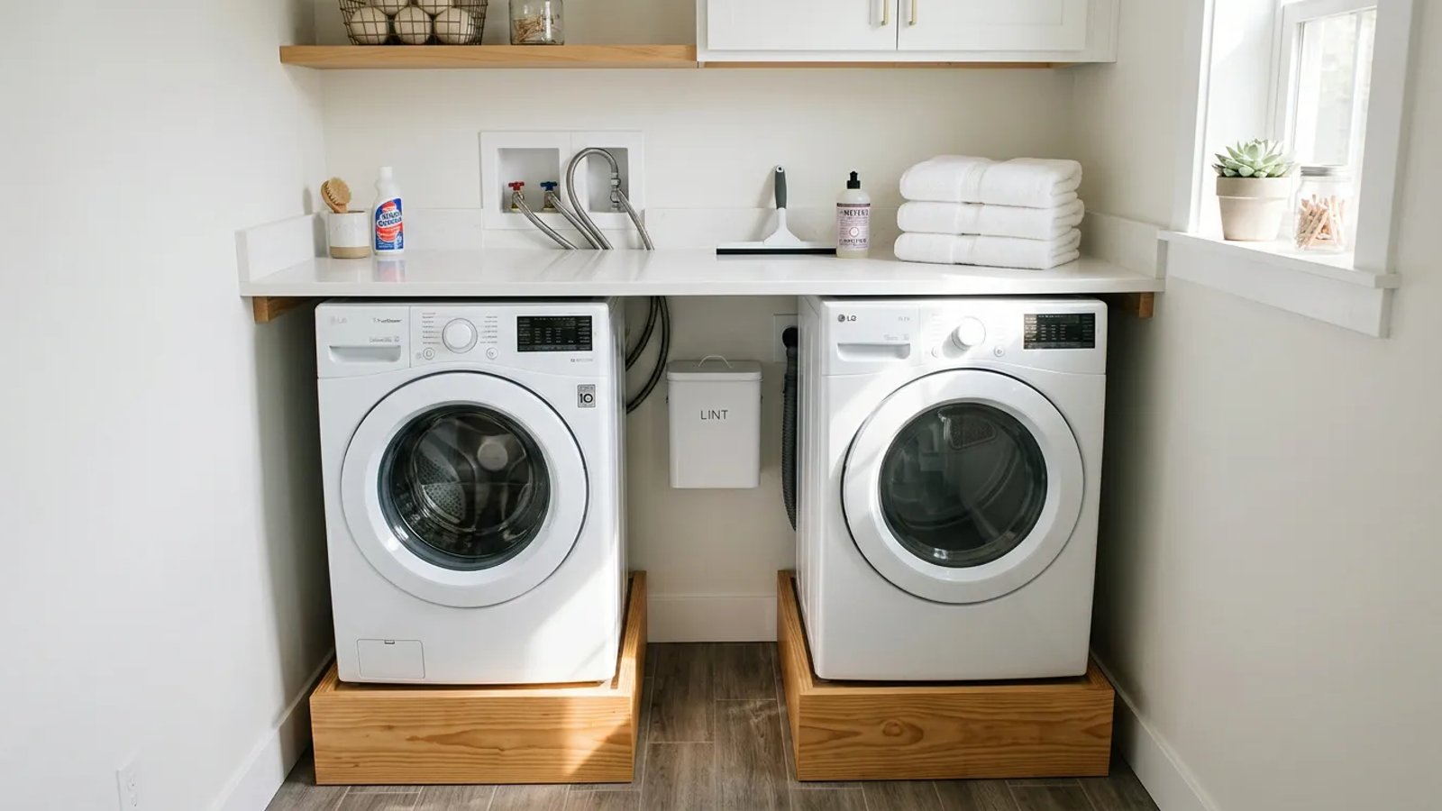 A clean, well-organized laundry room showing practical maintenance upgrades and DIY storage solutions.