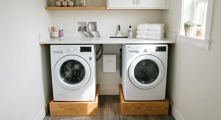 A clean, well-organized laundry room showing practical maintenance upgrades and DIY storage solutions.