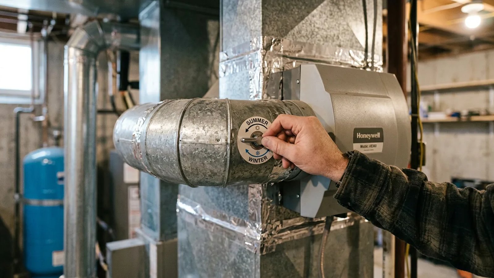 A hand turning the bypass damper lever on a furnace humidifier to the summer position.