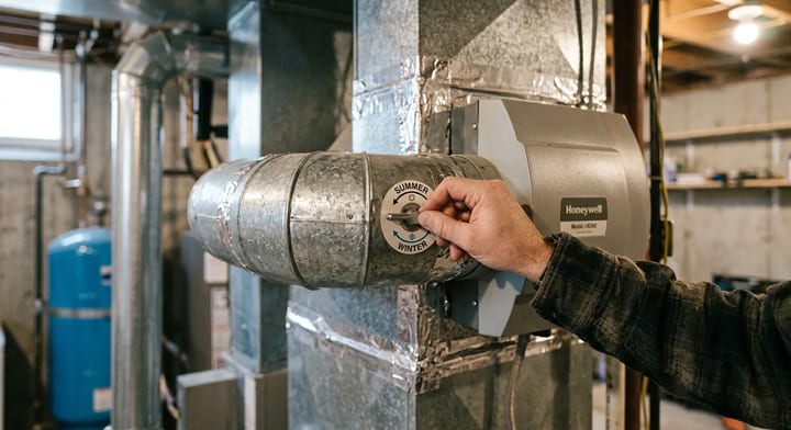 A hand turning the bypass damper lever on a furnace humidifier to the summer position.