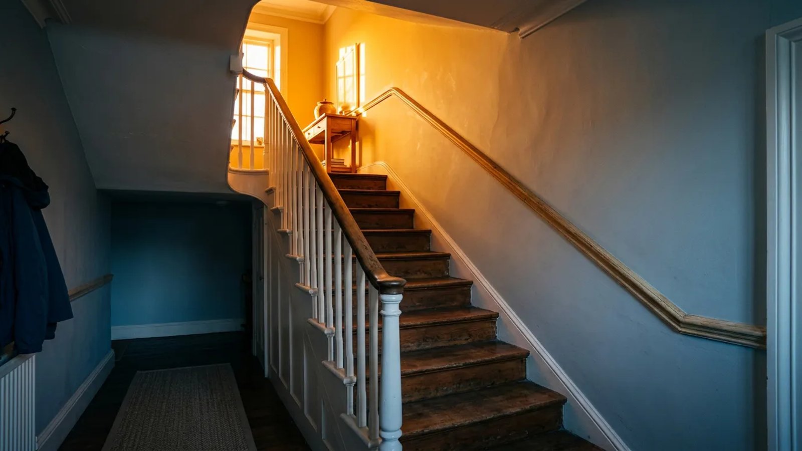 A home staircase showing a visual representation of cool air downstairs and hot air upstairs.