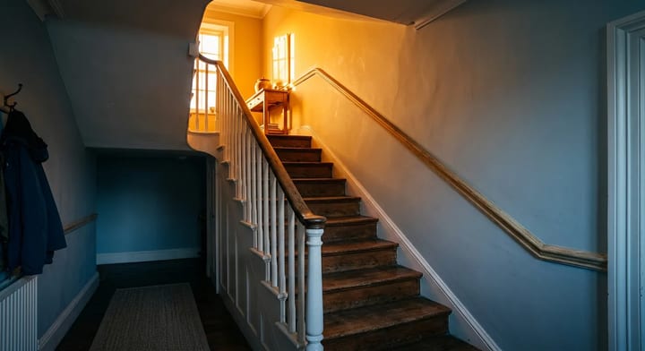 A home staircase showing a visual representation of cool air downstairs and hot air upstairs.