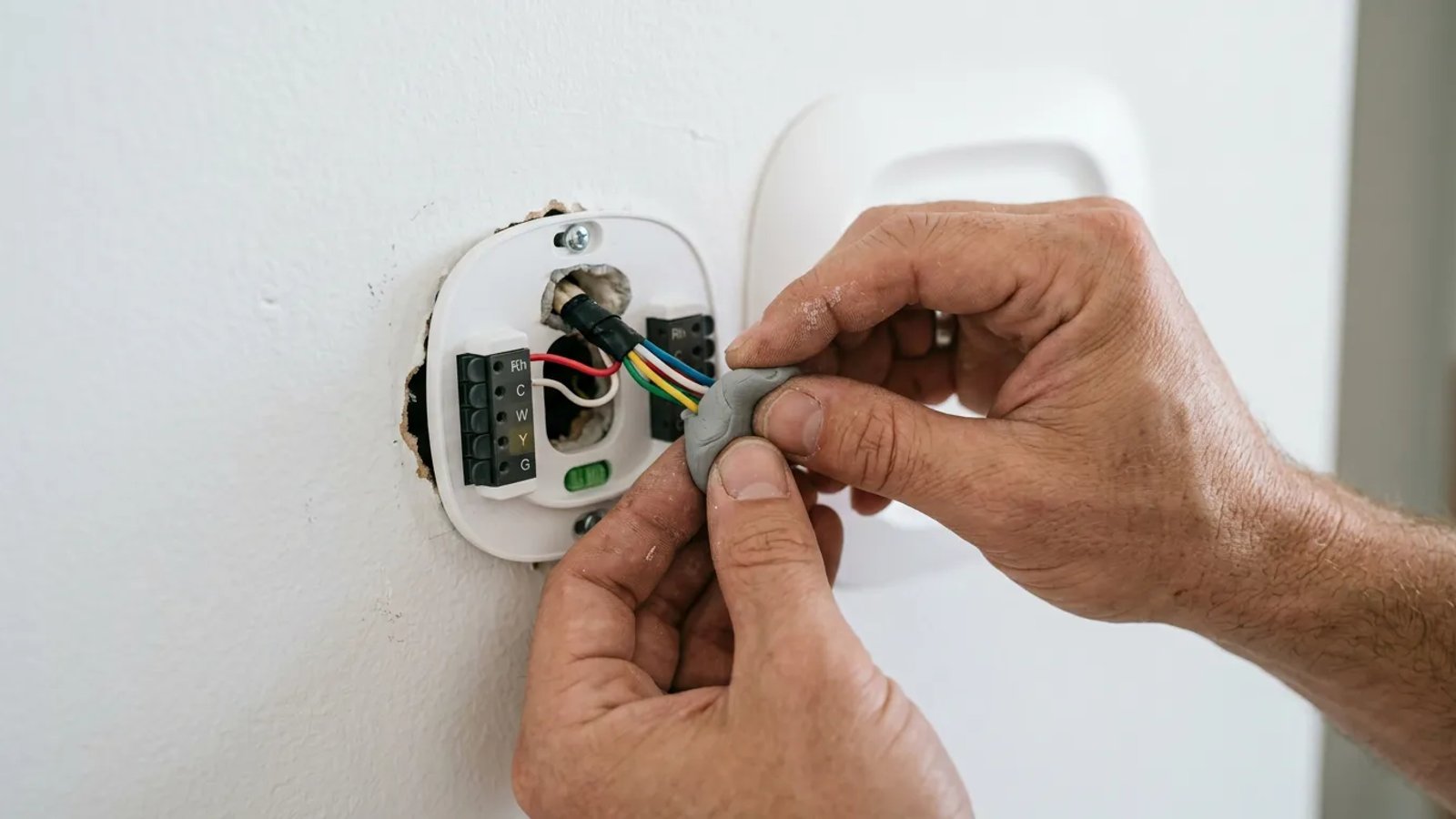A homeowner sealing the wire hole behind a thermostat with plumber's putty to block wall cavity drafts.