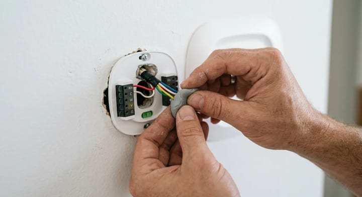 A homeowner sealing the wire hole behind a thermostat with plumber's putty to block wall cavity drafts.