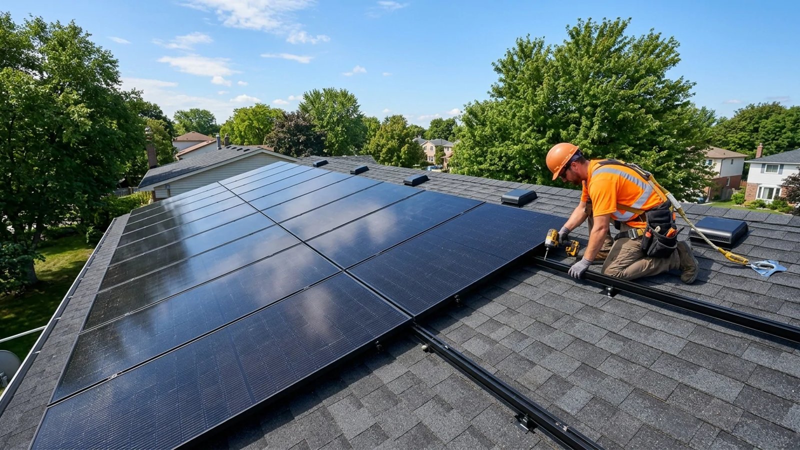 Contractor installing sleek black solar panels on a residential roof