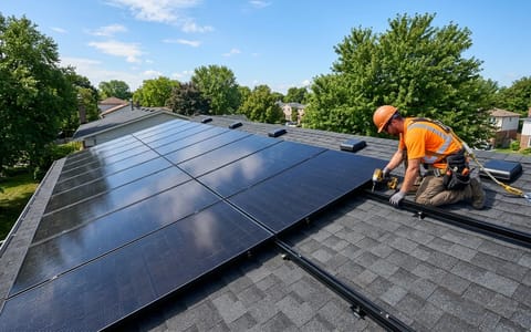 Contractor installing sleek black solar panels on a residential roof