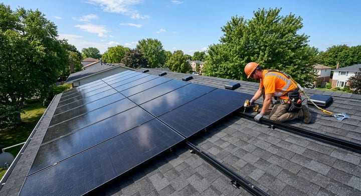 Contractor installing sleek black solar panels on a residential roof