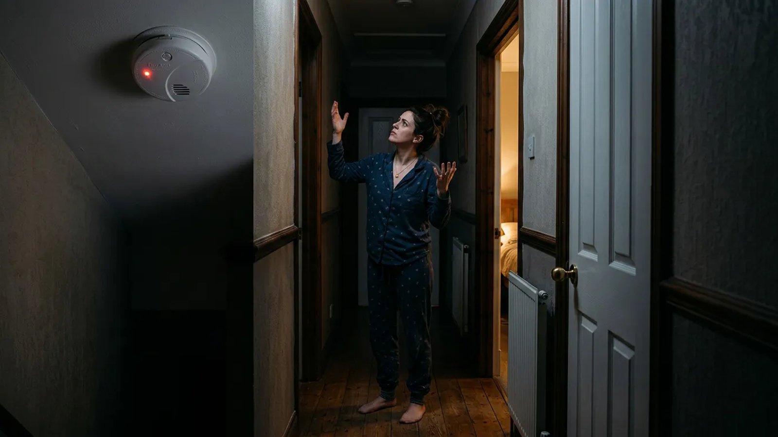 Homeowner looking up at a hardwired smoke detector in a dark hallway