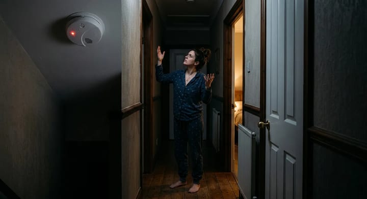 Homeowner looking up at a hardwired smoke detector in a dark hallway