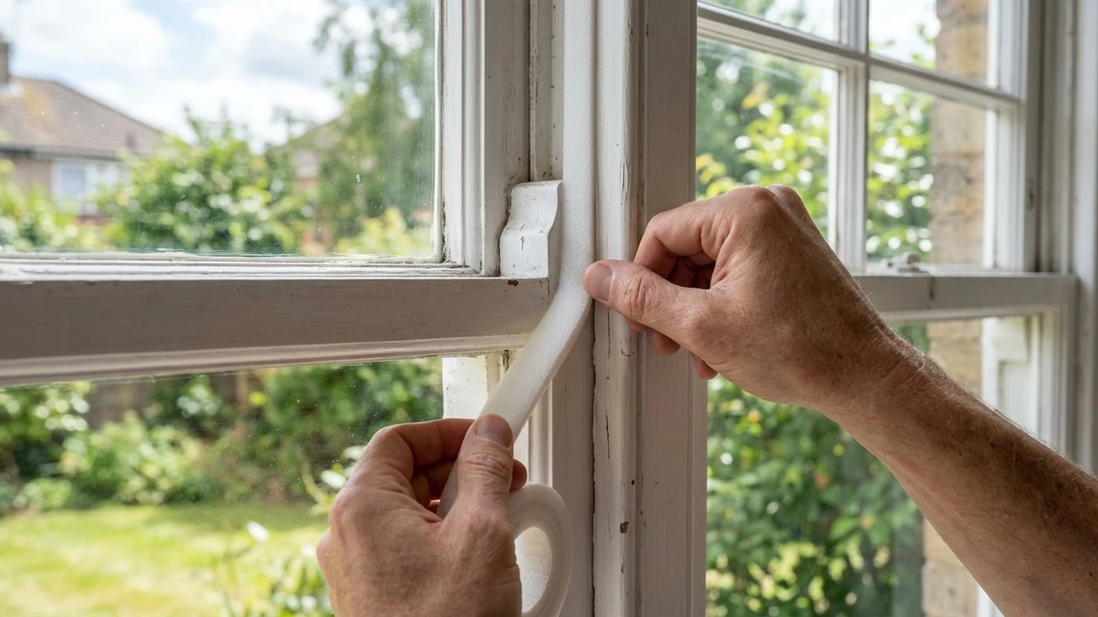 Hands applying white foam weather stripping to a wooden window frame