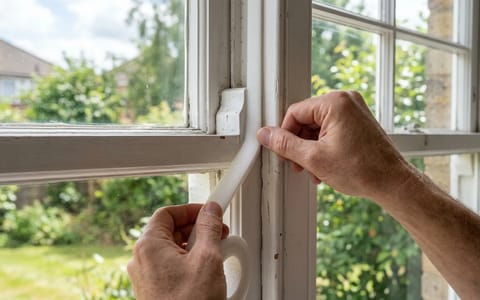 Hands applying white foam weather stripping to a wooden window frame